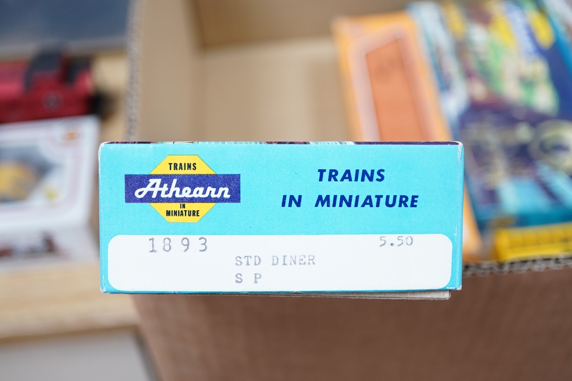 A quantity of US outline HO railway by Athearn, Bachmann, etc. including three locomotives; a Union Pacific Bo-Bo diesel, 1468, a Santa Fe Bo-Bo diesel, 5707, and a Santa Fe 0-4-0 tender engine, together with a 12-wheel
